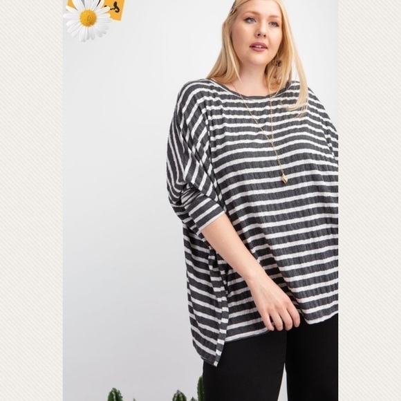 PLUS Size Gray Striped Boxy Slub Tunic Top - Picture 3 of 11